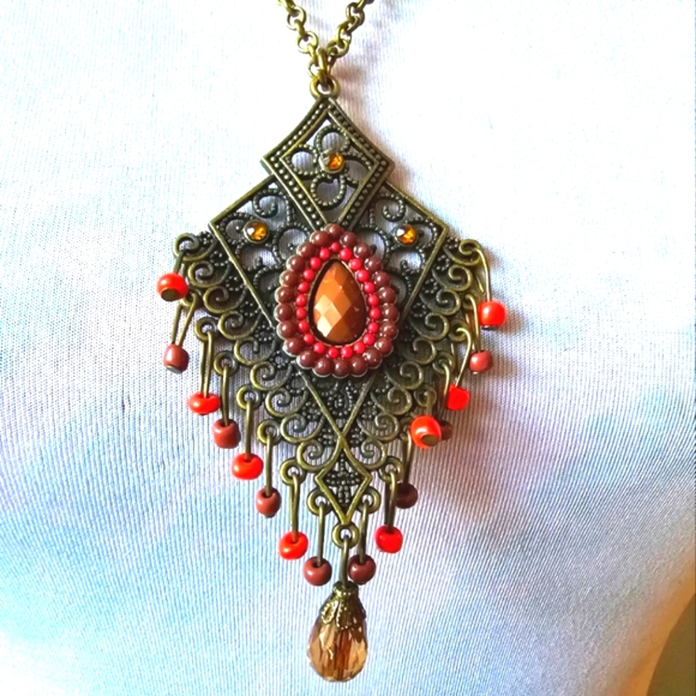 Boho style necklace long bohemian tribal ethnic brown orange red gold tone